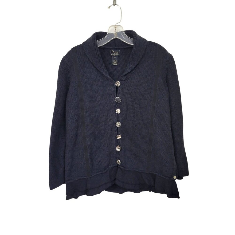 Pure Handknit Women's Sweater Cardigan With Decorative Buttons M/L Black Cotton